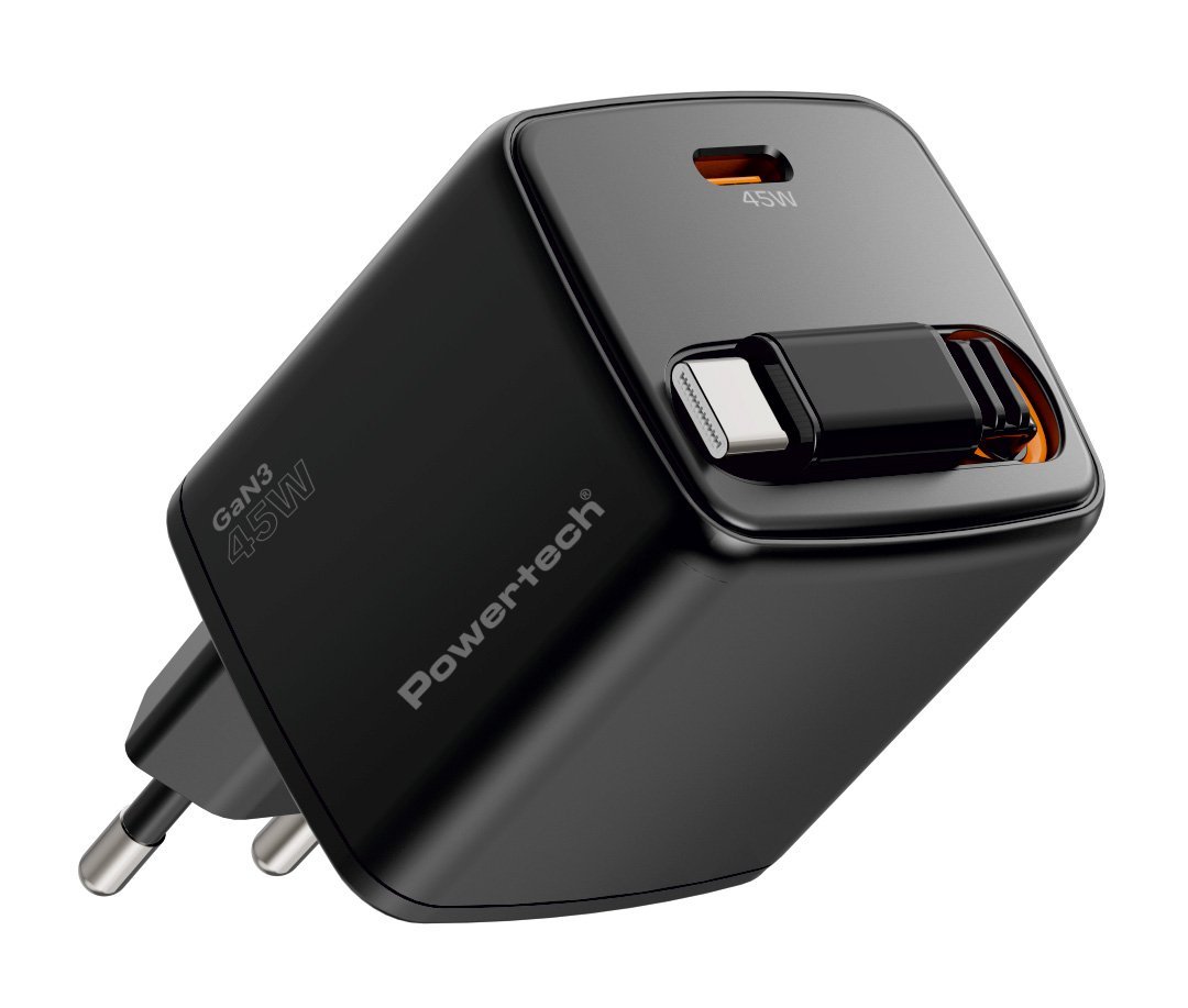 POWERTECH φορτιστής τοίχου  με πτυσσόμενο καλώδιο, USB-C, 45W, GaN, μαύρος