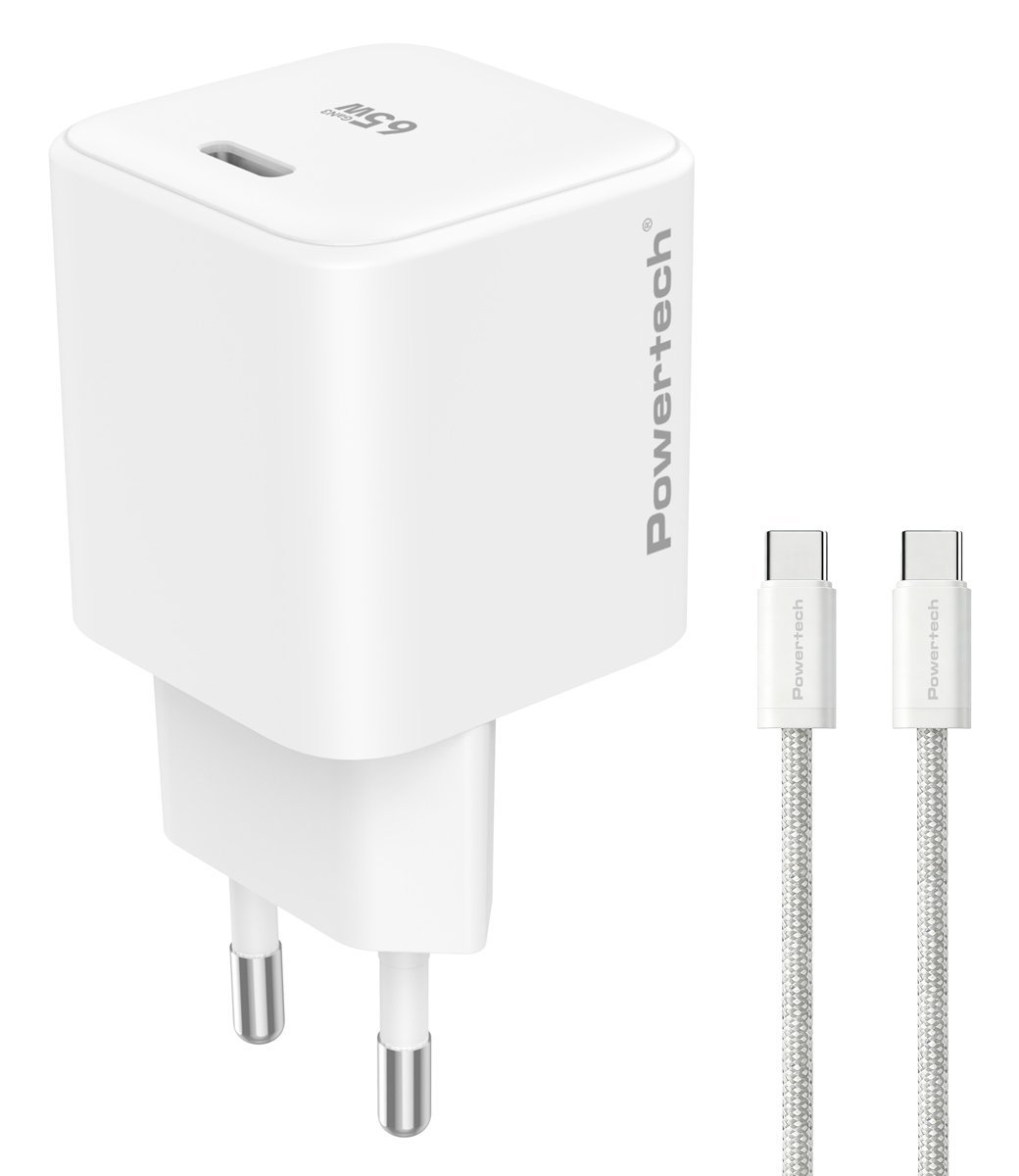 POWERTECH φορτιστής τοίχου  με καλώδιο, USB-C, 65W, GaN, AVS, λευκός