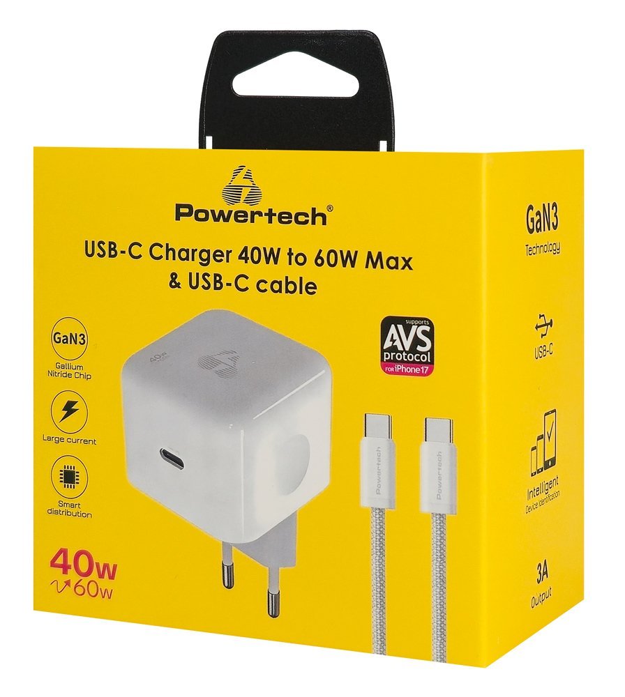 fortistis toichoy me kalodio, USB-C, 40 eos 60W, GaN, AVS, leykos 1