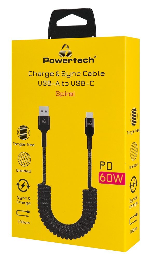 POWERTECH καλώδιο USB-C σε USB με spiral καλώδιο, PD 60W, 480Mbps, 1m, μαύρο - Image 2