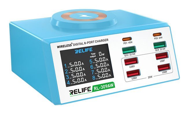 RELIFE σταθμός φόρτισης , 6x USB/2x USB-C/wireless, 100W, λευκός