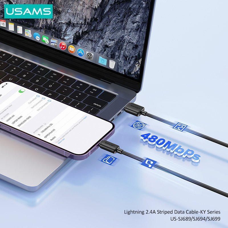 USAMS καλώδιο Lightning σε USB US-, 2.4A, 480Mbps, 2m, λευκό - Image 3