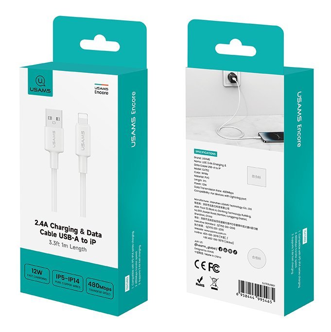 USAMS καλώδιο Lightning σε USB , 2.4A 12W, 480Mbps, 1m, λευκό - Image 6