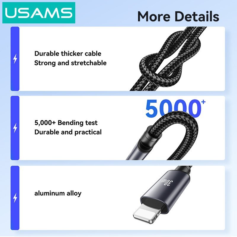 USAMS καλώδιο Lightning σε USB-C , 30W, 480Mbps, 1m, μαύρο - Image 2