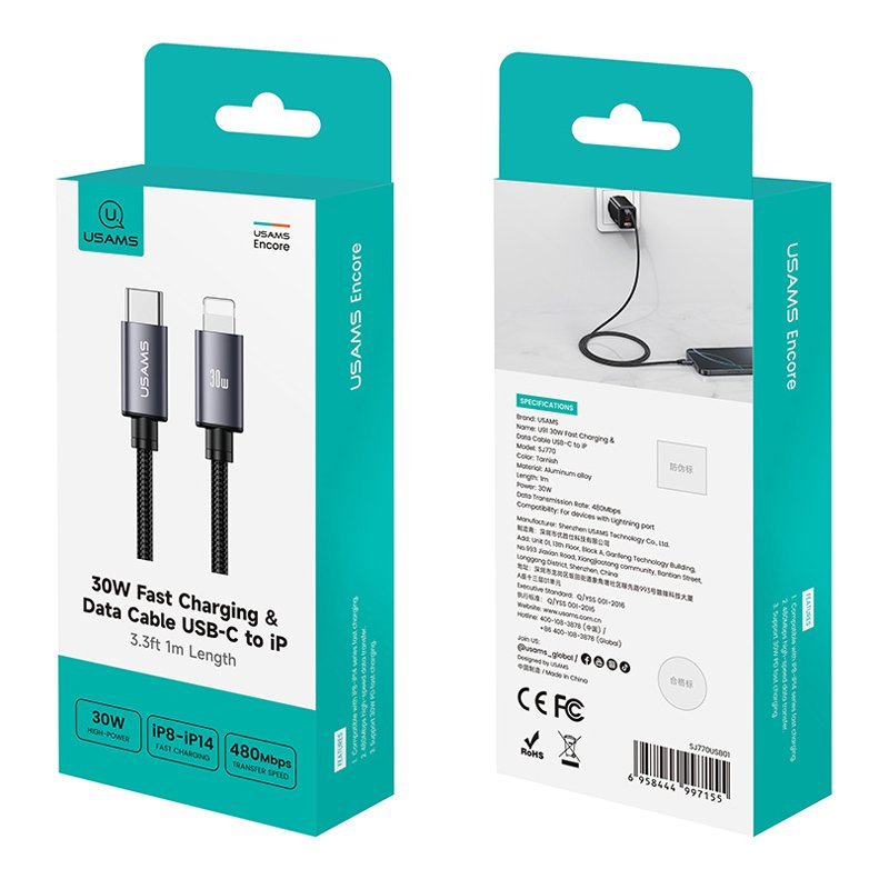 USAMS καλώδιο Lightning σε USB-C , 30W, 480Mbps, 1m, μαύρο - Image 5