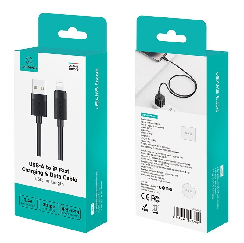 USAMS καλώδιο Lightning σε USB , 2.4A, 480Mbps, 1m, μαύρο - Image 5