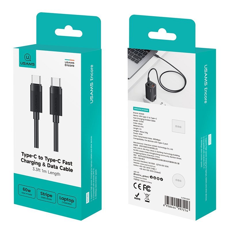 USAMS καλώδιο USB-C , 60W, 480Mbps, 1m, μαύρο - Image 5