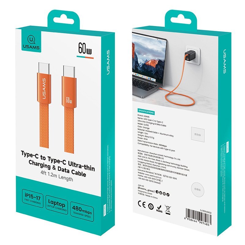USAMS καλώδιο USB-C , 60W, 480Mbps, flat, 1.2m, πορτοκαλί - Image 5